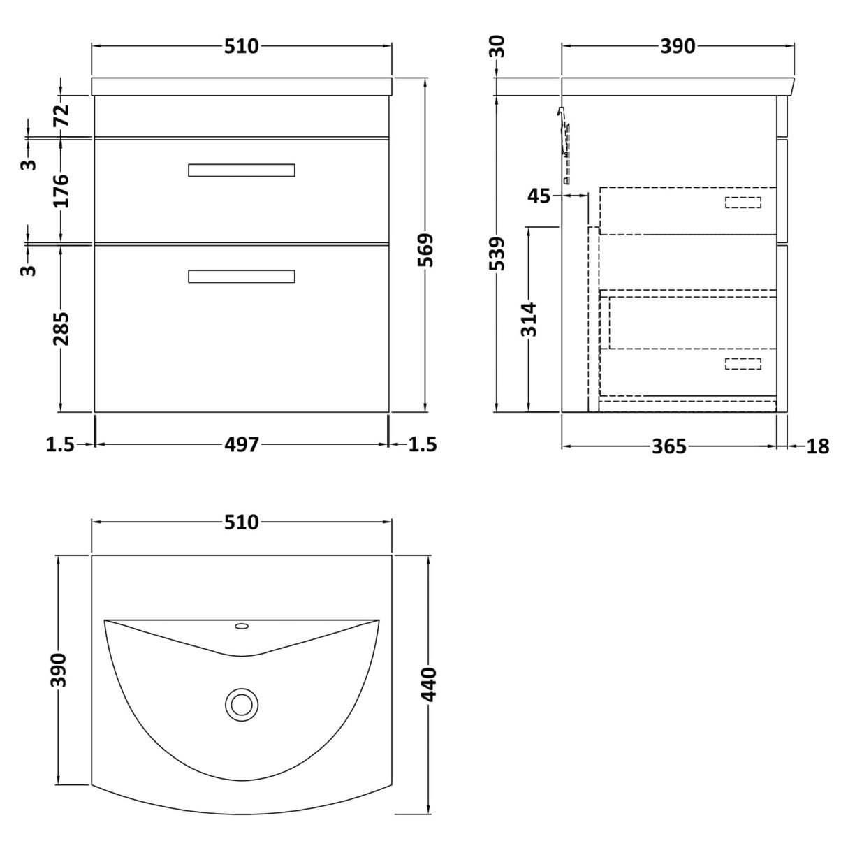 Nuie Athena 500mm Wall Hung 2 Drawer Vanity Unit & Basin Charcoal Black ATH019G LD