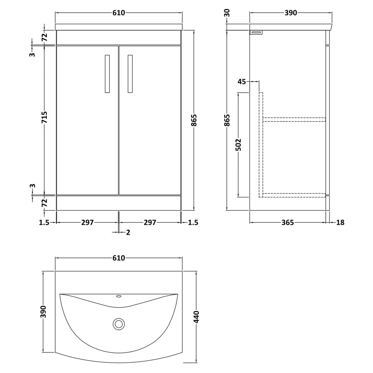 Nuie Athena 600mm Floor Standing 2 Door Vanity Unit & Basin Anthracite Woodgrain ATH025G LD