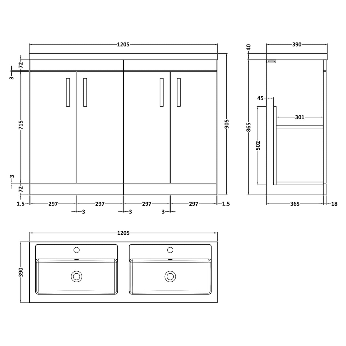 Nuie Athena 1200mm Freestanding Double Basin Vanity Unit & Basin, 4 Doors Charcoal Black ATH026C LD