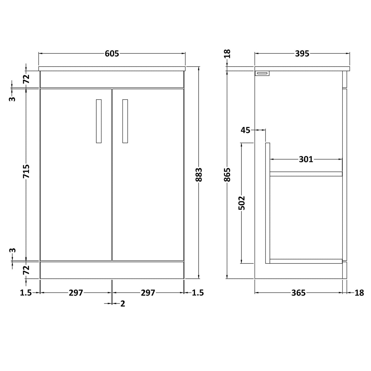 Nuie Athena 600mm Floor Standing 2 Door Vanity Unit & Basin Gloss White ATH027B LD