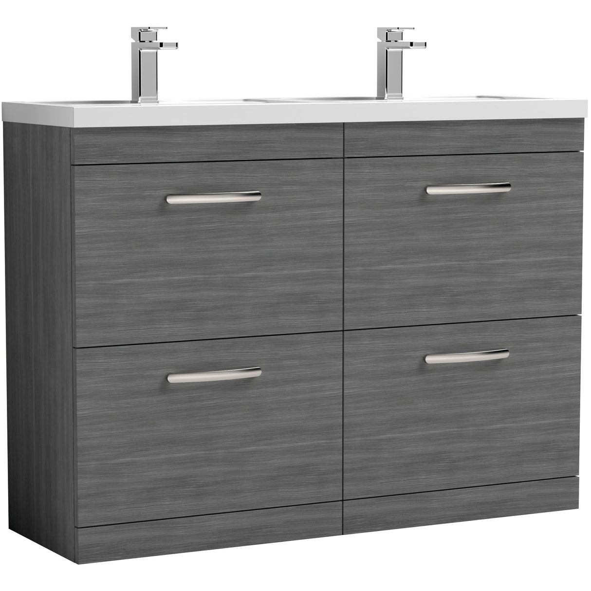 Nuie Athena 1200mm Freestanding Double Basin Vanity Unit & Basin, 4 Drawers Anthracite Woodgrain ATH032C