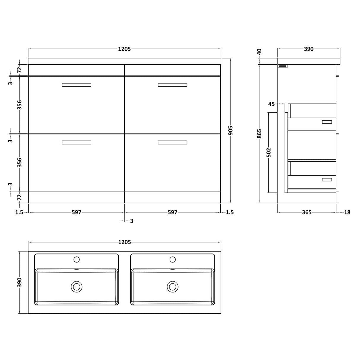 Nuie Athena 1200mm Freestanding Double Basin Vanity Unit & Basin, 4 Drawers Anthracite Woodgrain ATH032C LD