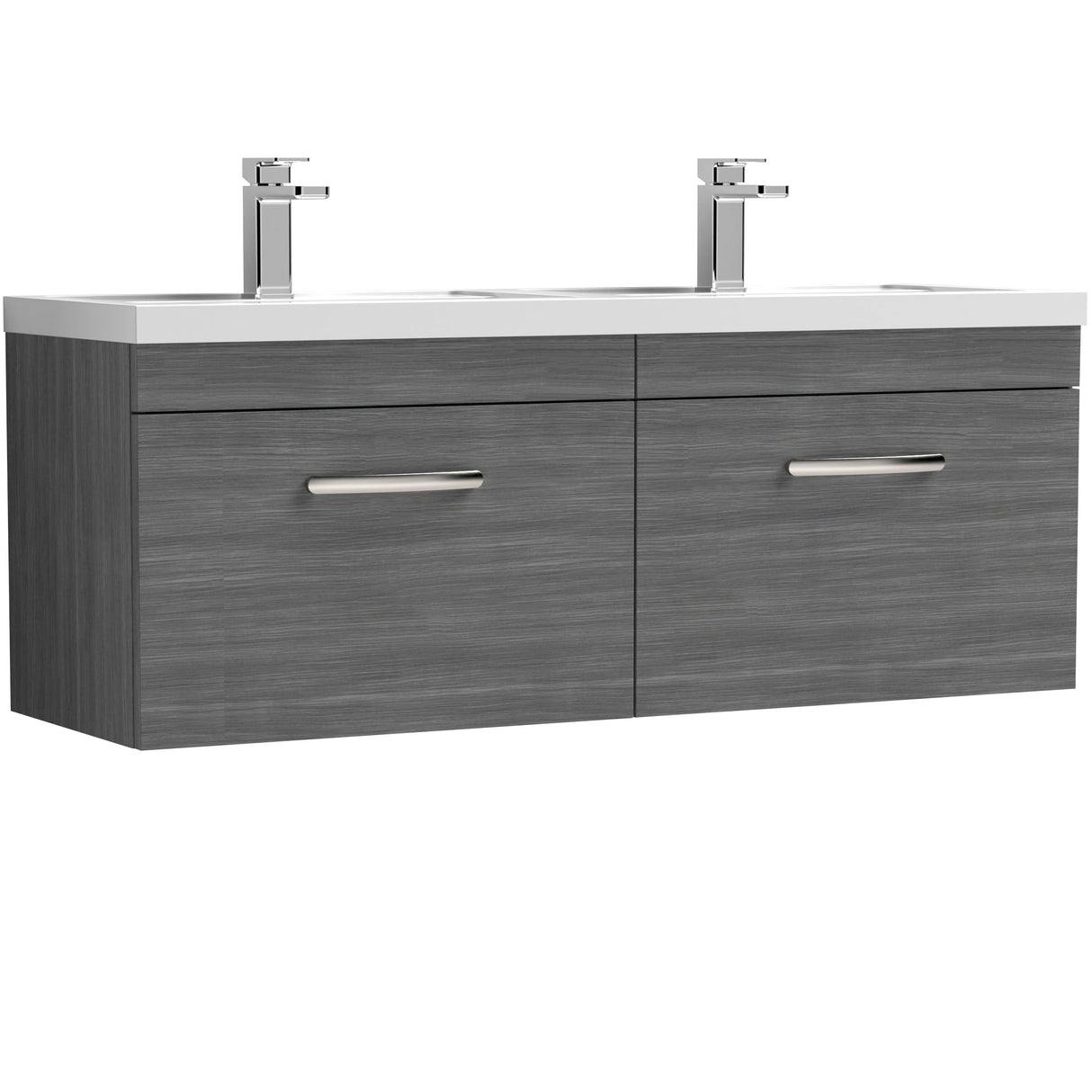 Nuie Athena 1200mm Wall Hung Double Basin Vanity Unit & Basin, 2 Drawers Anthracite Woodgrain ATH039C