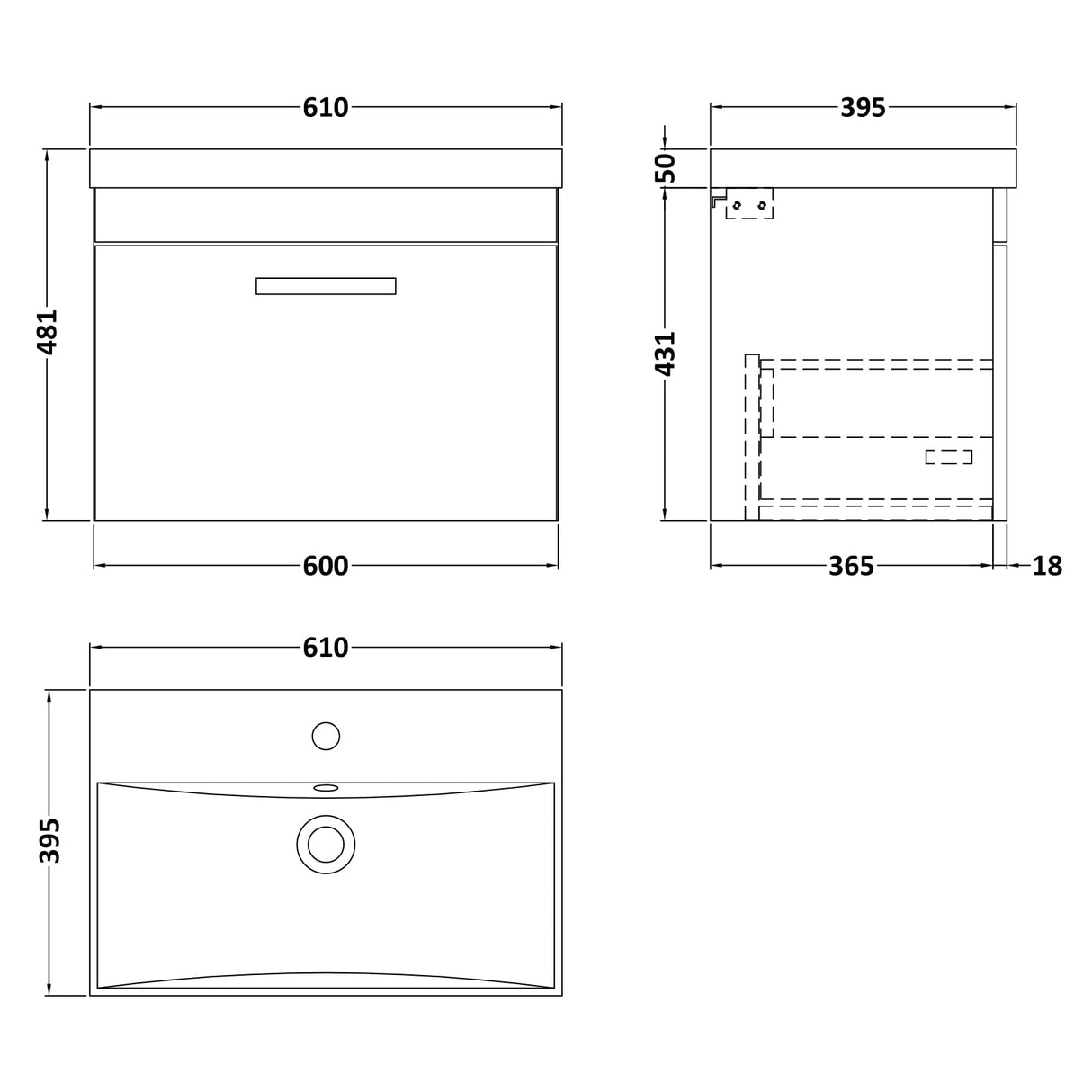 Nuie Athena 600mm Wall Hung 1 Drawer Vanity Unit & Basin Charcoal Black ATH040D LD