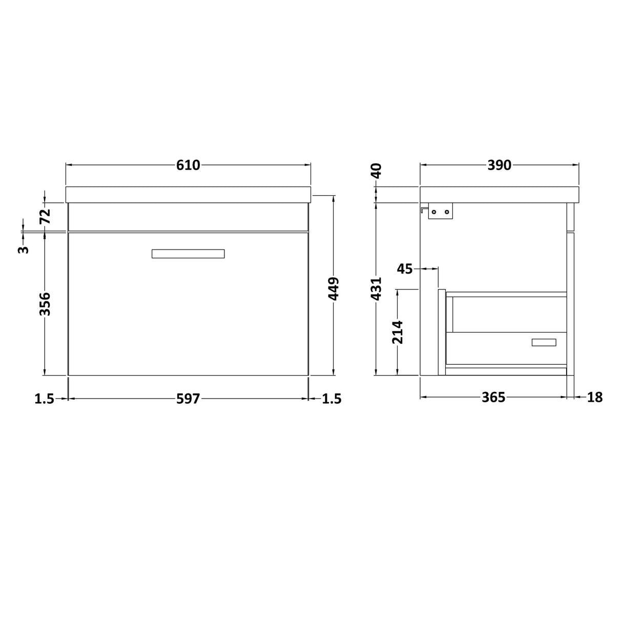 Nuie Athena 600mm Wall Hung 1 Drawer Vanity Unit & Basin Gloss White ATH041A LD