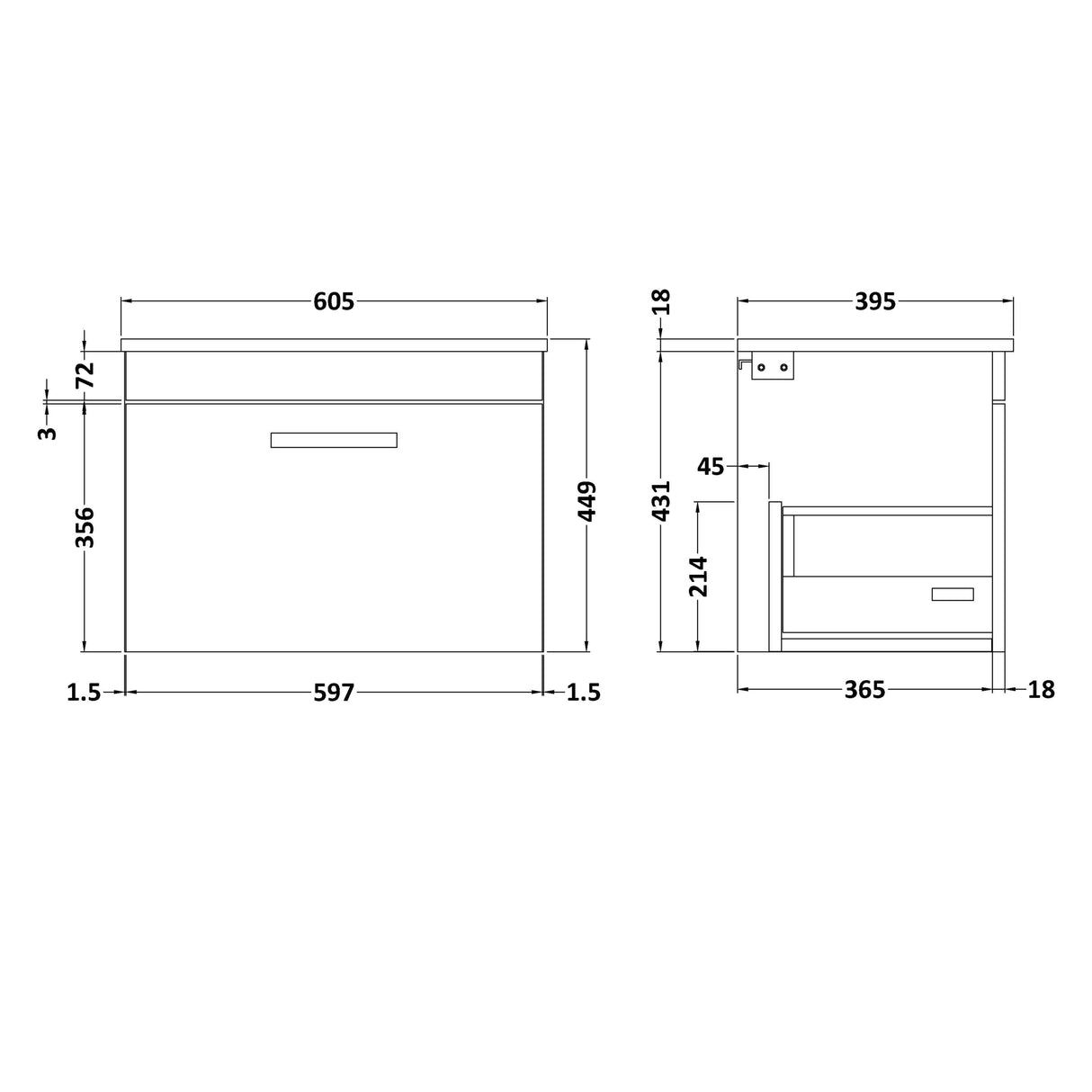 Nuie Athena 600mm Wall Hung 1 Drawer Vanity Unit & Basin Gloss White ATH041B LD