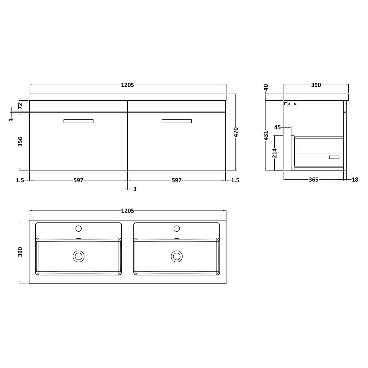 Nuie Athena 1200mm Wall Hung Double Basin Vanity Unit & Basin, 2 Drawers Gloss White ATH041C LD