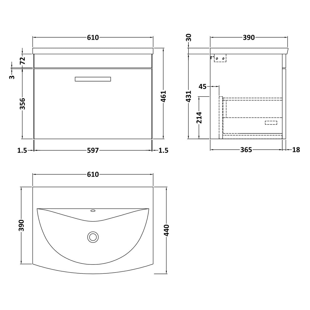 Nuie Athena 600mm Wall Hung 1 Drawer Vanity Unit & Basin Gloss White ATH041G LD