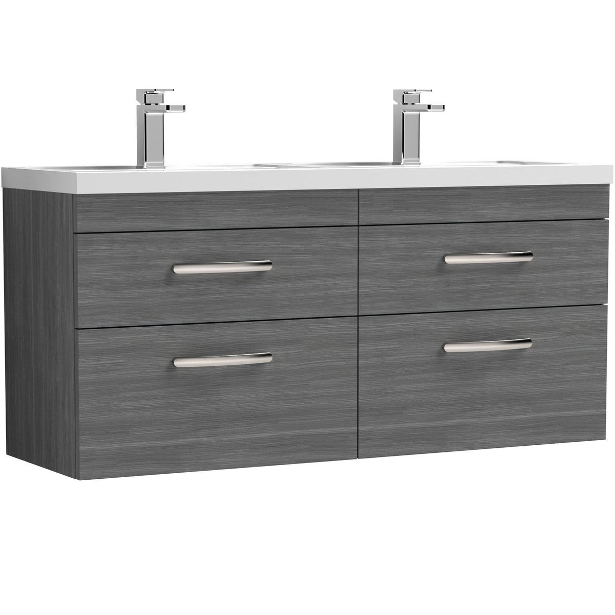 Nuie Athena 1200mm Wall Hung Double Basin Vanity Unit & Basin, 4 Drawers Anthracite Woodgrain ATH046C