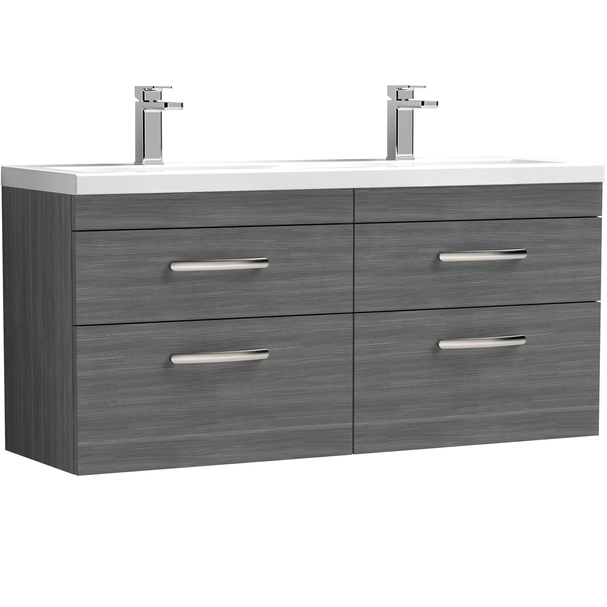 Nuie Athena 1200mm Wall Hung Double Basin Vanity Unit & Basin, 4 Drawers Anthracite Woodgrain ATH046F