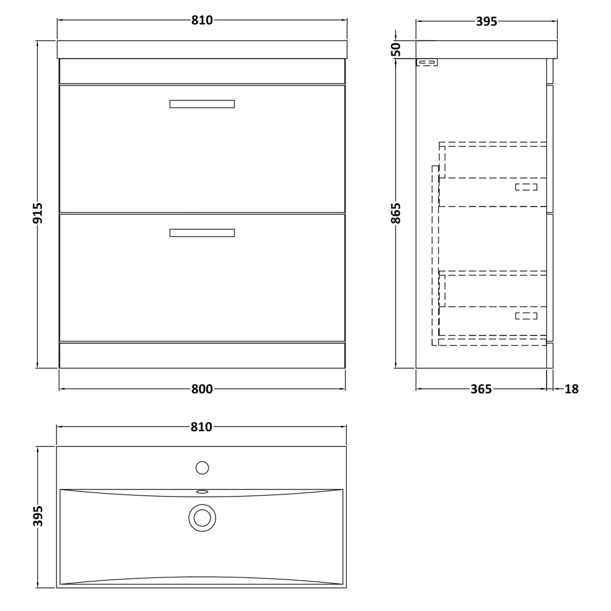 Nuie Athena 800mm Freestanding 2 Drawer Vanity Unit & Basin Gloss White ATH055D LD