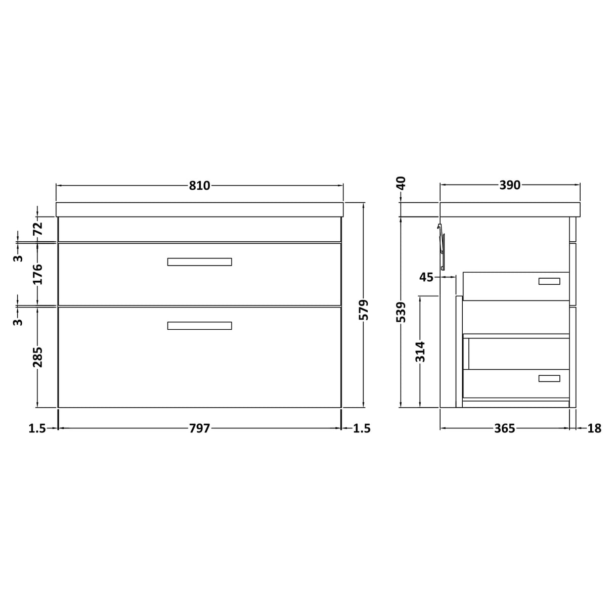 Nuie Athena 800mm Wall Hung 2 Drawer Vanity Unit & Basin Charcoal Black ATH068A LD