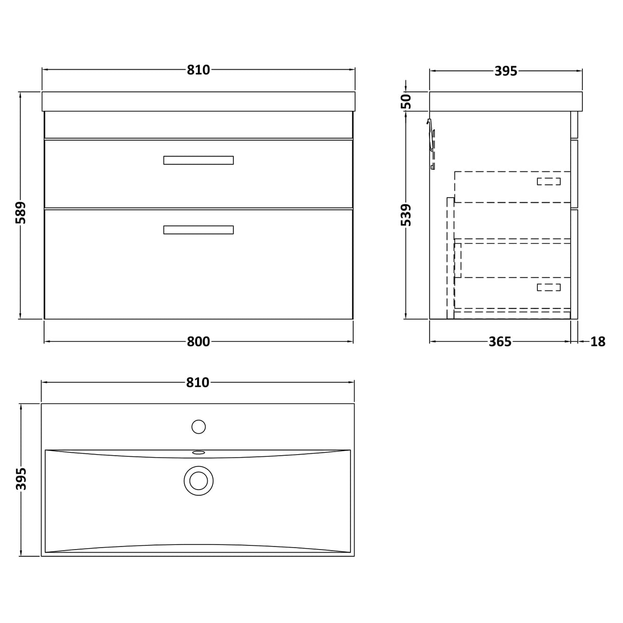 Nuie Athena 800mm Wall Hung 2 Drawer Vanity Unit & Basin Charcoal Black ATH068D LD