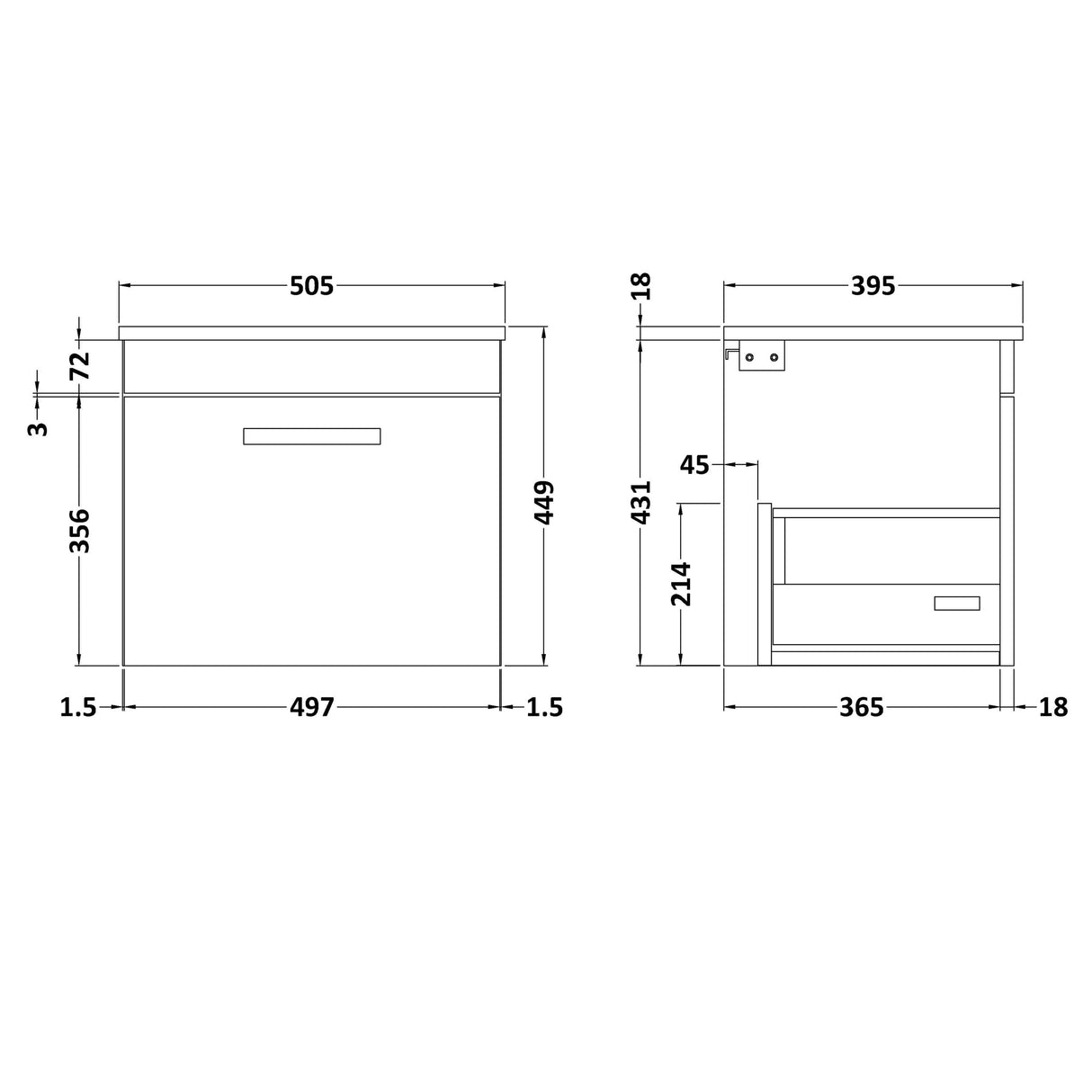 Nuie Athena 500mm Wall Hung 1 Drawer Vanity Unit & Basin Gloss Grey ATH073B LD