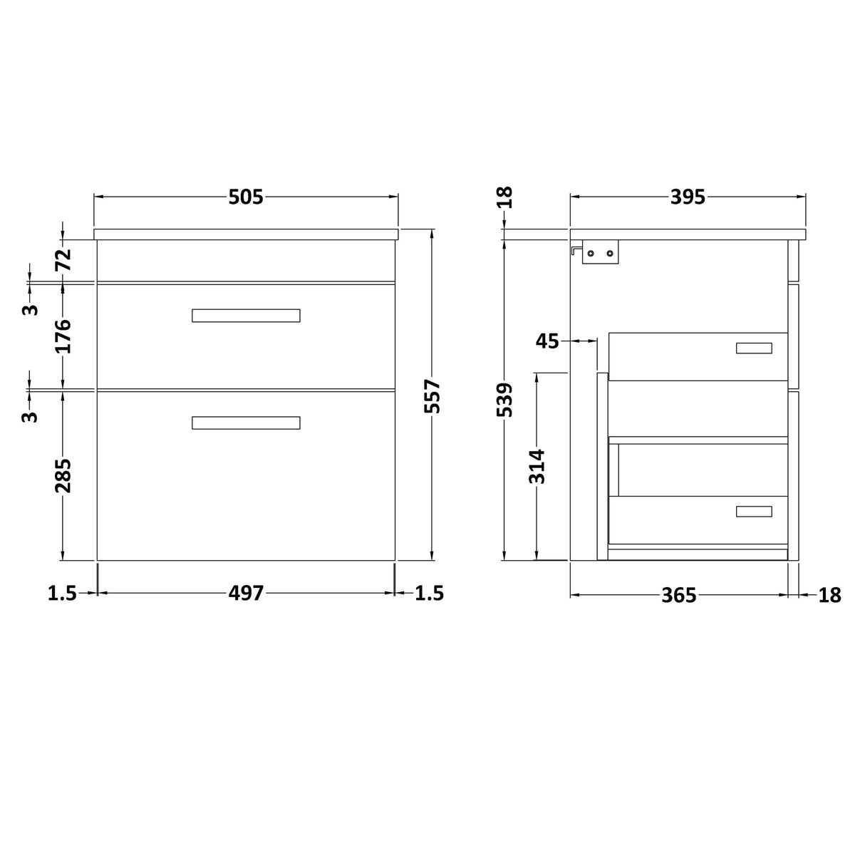 Nuie Athena 500mm Wall Hung 2 Drawer Vanity Unit & Basin Gloss Grey ATH074B LD