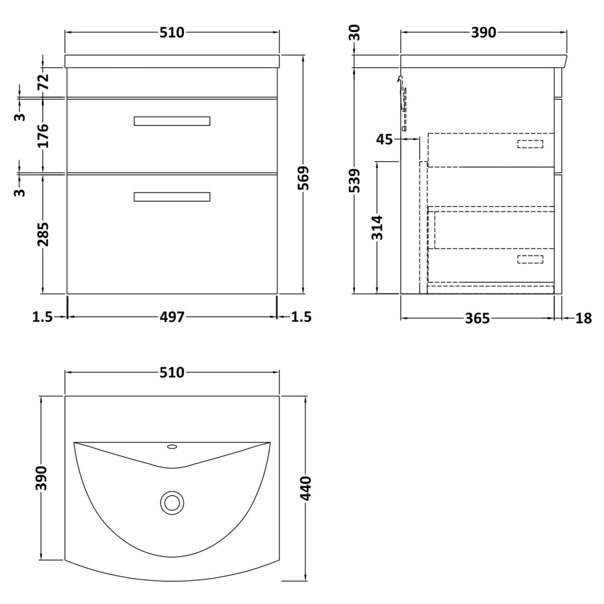Nuie Athena 500mm Wall Hung 2 Drawer Vanity Unit & Basin Gloss Grey ATH074G LD