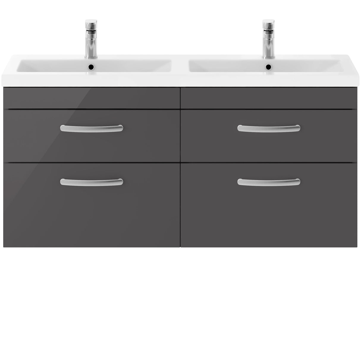 Nuie Athena 1200mm Wall Hung Double Basin Vanity Unit & Basin, 4 Drawers Gloss Grey ATH078F