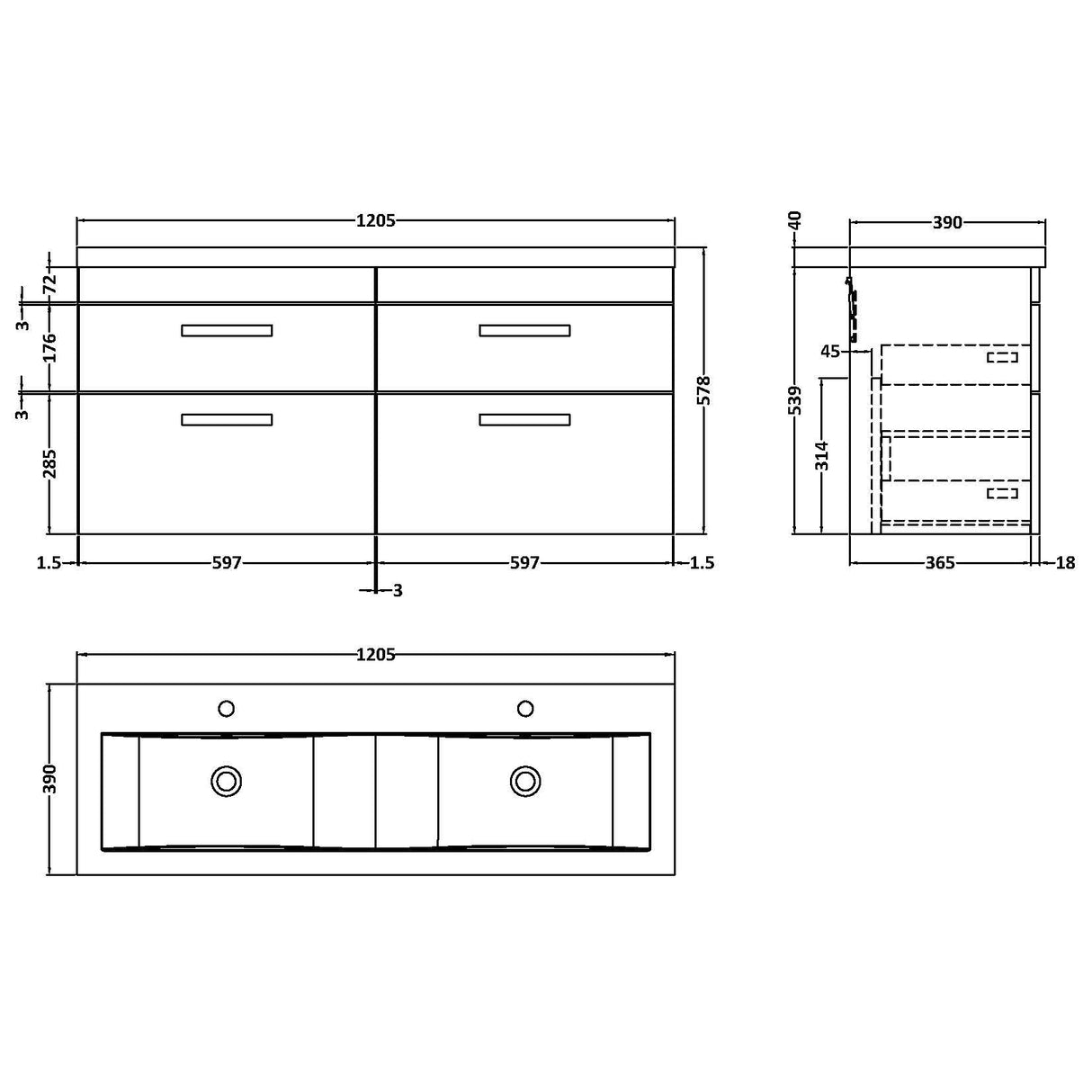 Nuie Athena 1200mm Wall Hung Double Basin Vanity Unit & Basin, 4 Drawers Gloss Grey ATH078F LD