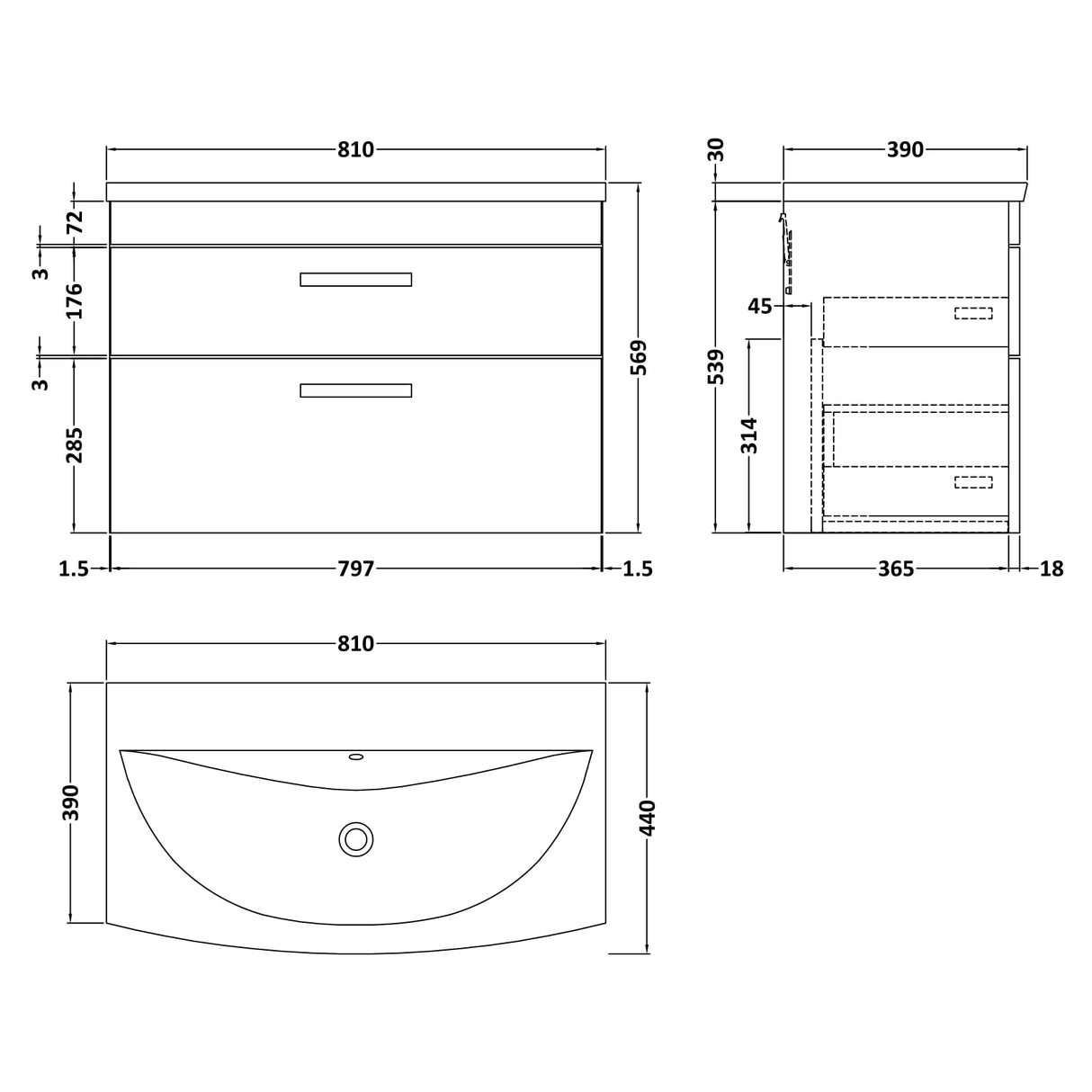 Nuie Athena 800mm Wall Hung 2 Drawer Vanity Unit & Basin Gloss Grey ATH081G LD