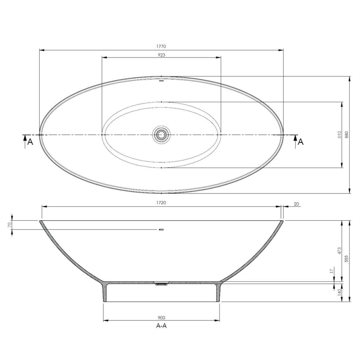 BC Designs Tasse Cian Solid Surface Freestanding Bath L1770 x W880mm Matt White BAB010MW LD