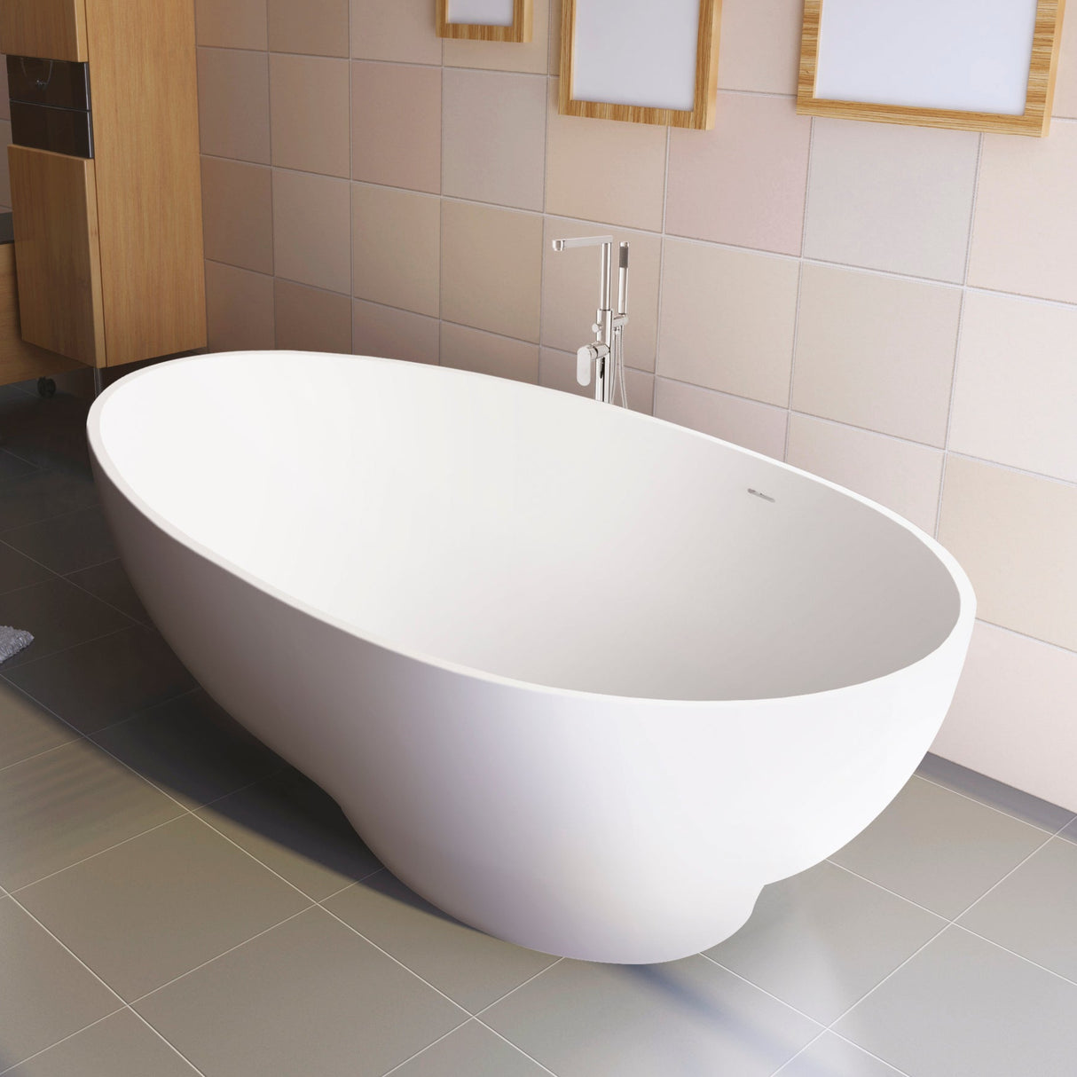 BC Designs Gio Cian Solid Surface Freestanding Bath L1645 x W935mm Polished White BAB062 LS1