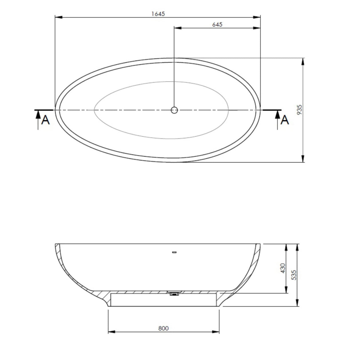 BC Designs Gio Cian Solid Surface Freestanding Bath L1645 x W935mm Matt White BAB062MW LD