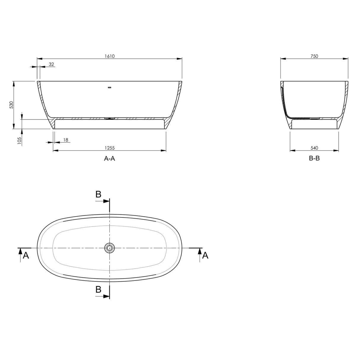 BC Designs Vive Cian Solid Surface Freestanding Bath L1610 x W750mm Matt White BAB063 LD