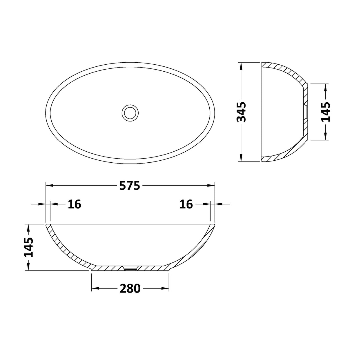 BC Designs Gio Cian Solid Surface Countertop Basin L575 x W345mm Polished White BAB110 LD