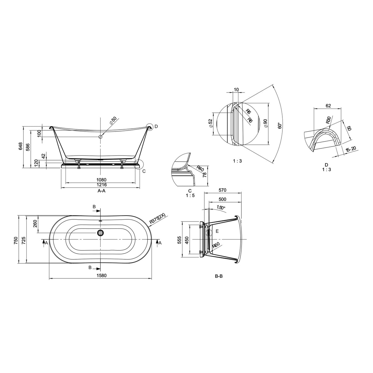 BC Designs The Boat Bath Acrylic Polished White BAS063 LD