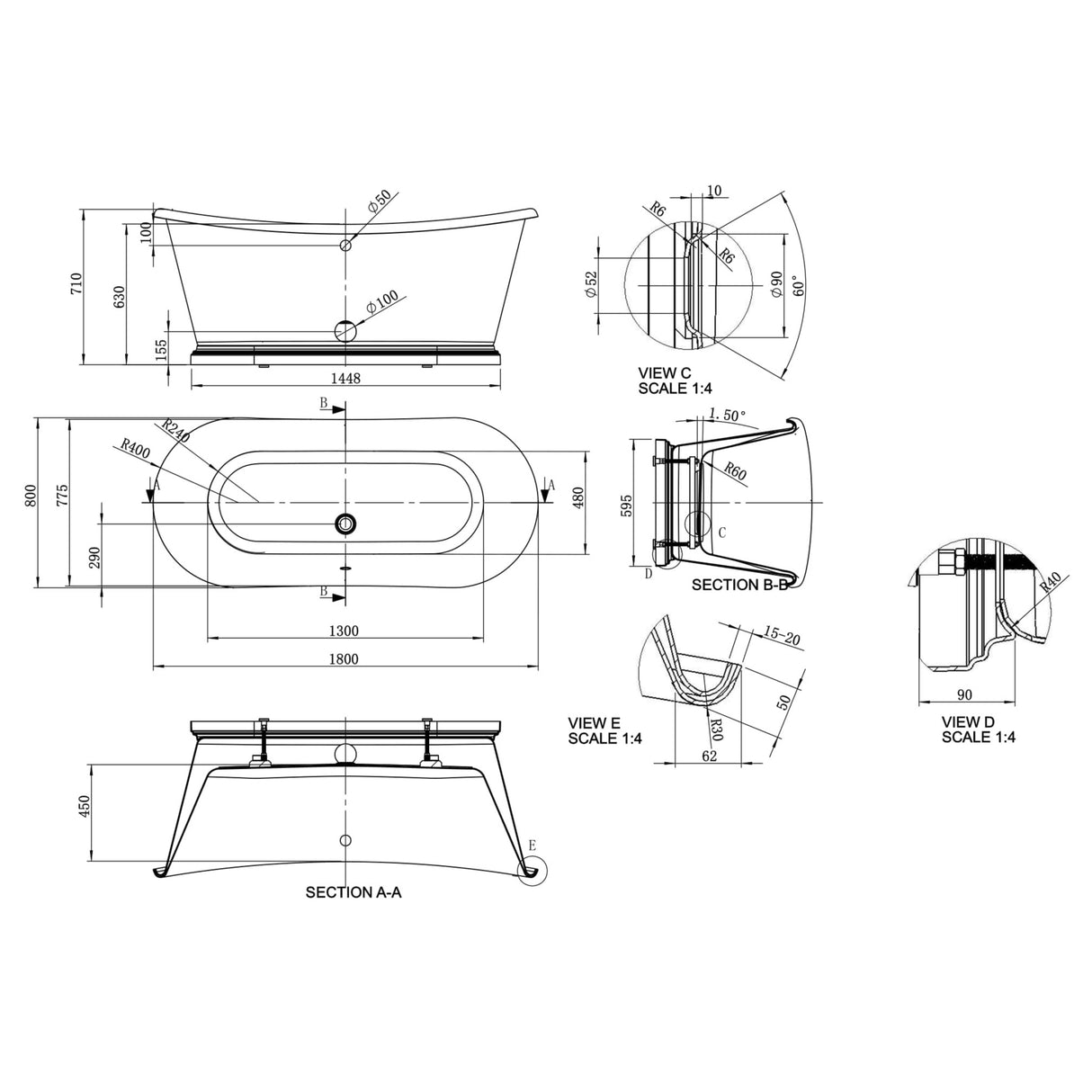 BC Designs The Boat Bath Acrylic Polished White BAS070 LD