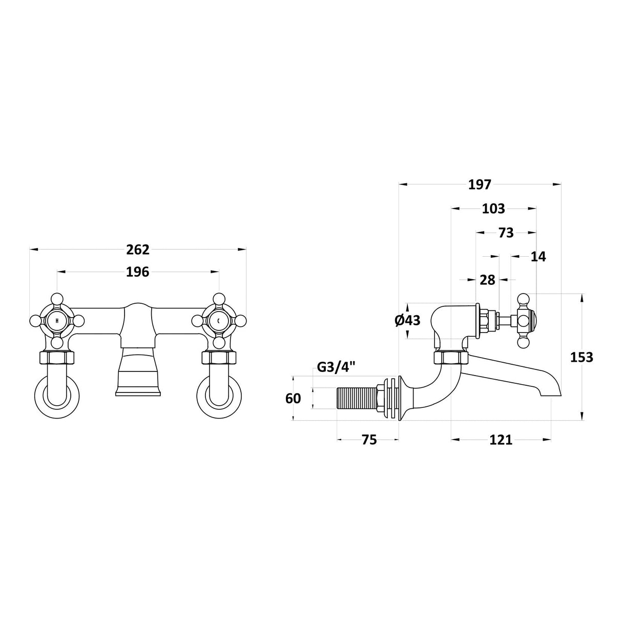 Hudson Reed Topaz Crosshead Wall Mounted Bath Filler Tap Chrome BC303HXWM LD