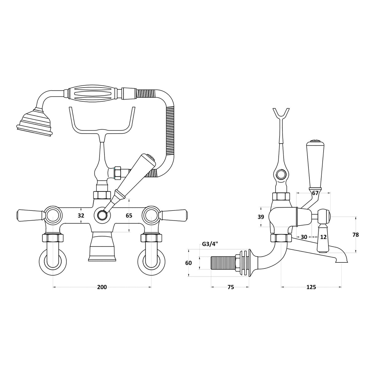 Hudson Reed Topaz Lever Wall Mounted Bath Shower Mixer Tap With Shower Kit BC304DLWM LD