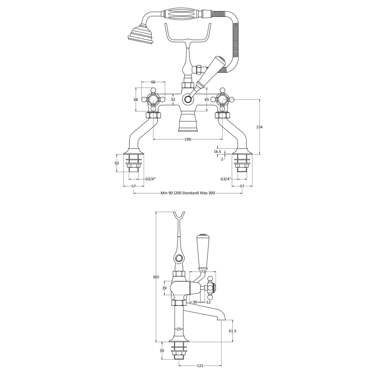 Hudson Reed Topaz Crosshead Bath Shower Mixer Tap With Shower Kit BC304DX LD