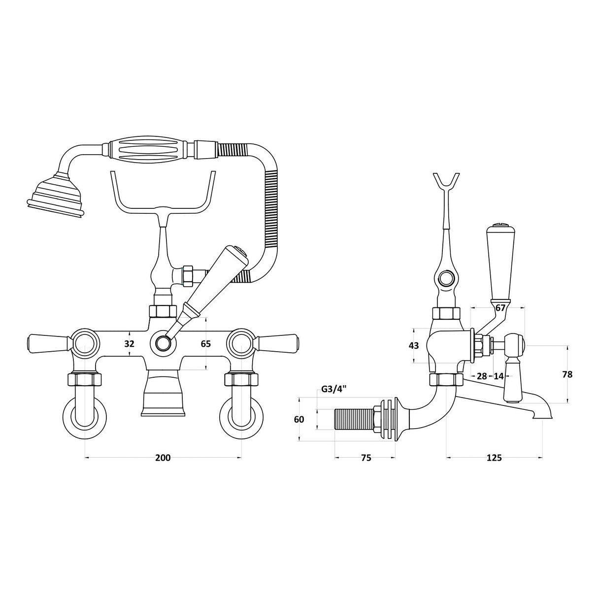 Hudson Reed Topaz Lever Wall Mounted Bath Shower Mixer Tap With Shower Kit BC304HLWM LD