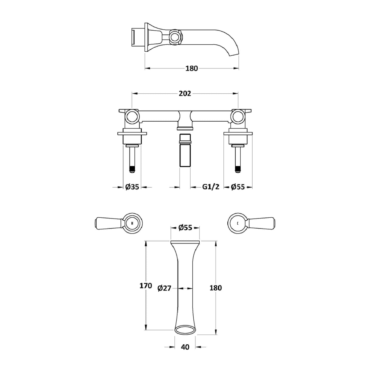 Hudson Reed Topaz Lever 3-Hole Wall Mounted Basin Mixer Tap Chrome BC317DL LD