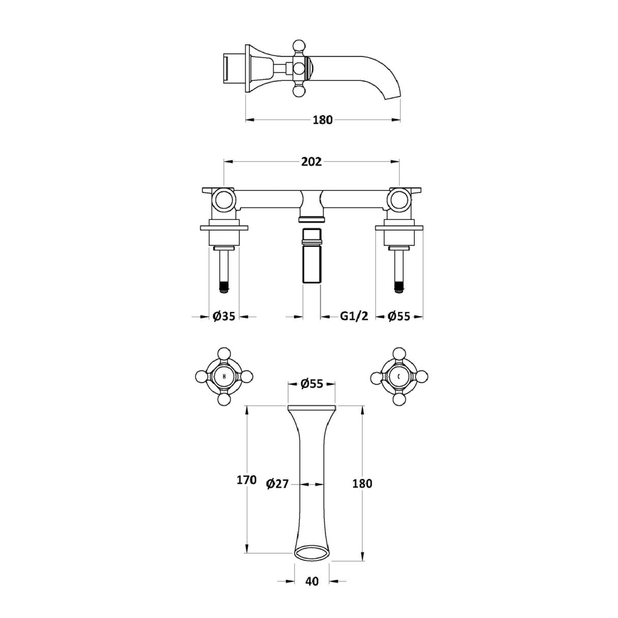 Hudson Reed Topaz Crosshead 3-Hole Wall Mounted Basin Mixer Tap Chrome BC317DX LD