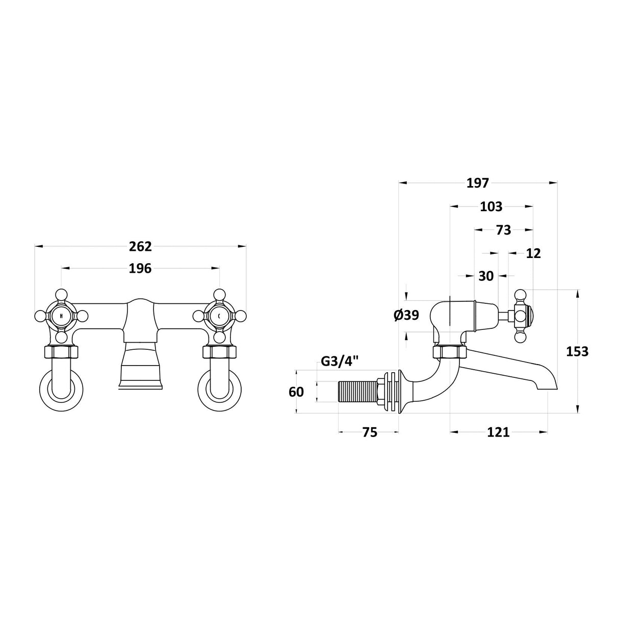 Hudson Reed Topaz Crosshead Wall Mounted Bath Filler Tap Chrome BC403DXWM LD