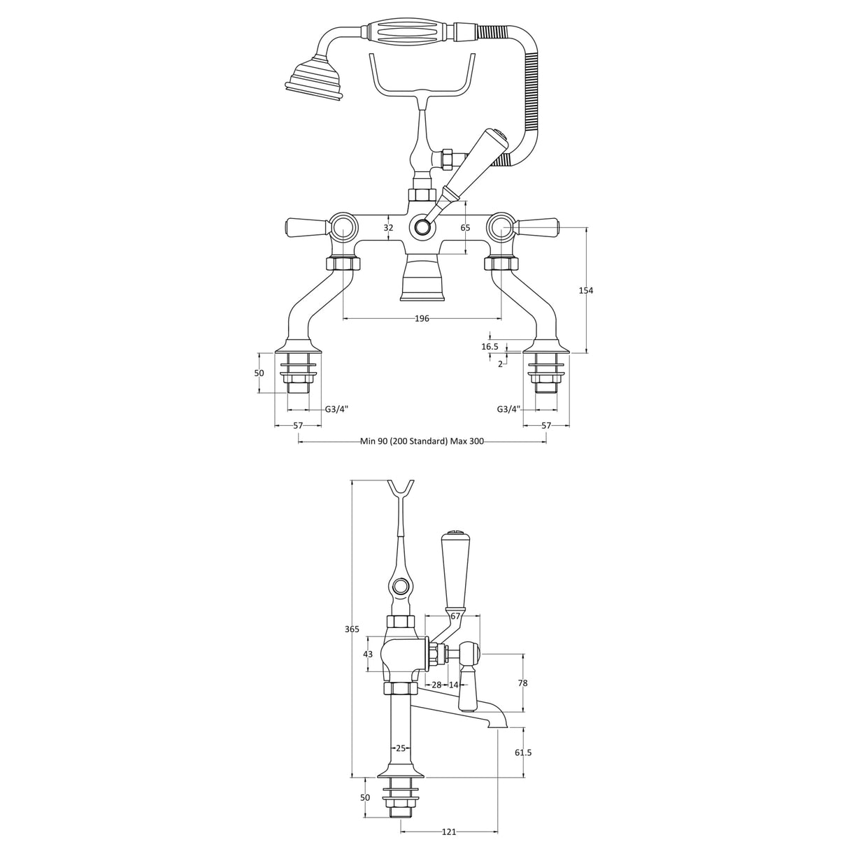 Hudson Reed Topaz Lever Bath Shower Mixer Tap With Shower Kit BC404HL LD