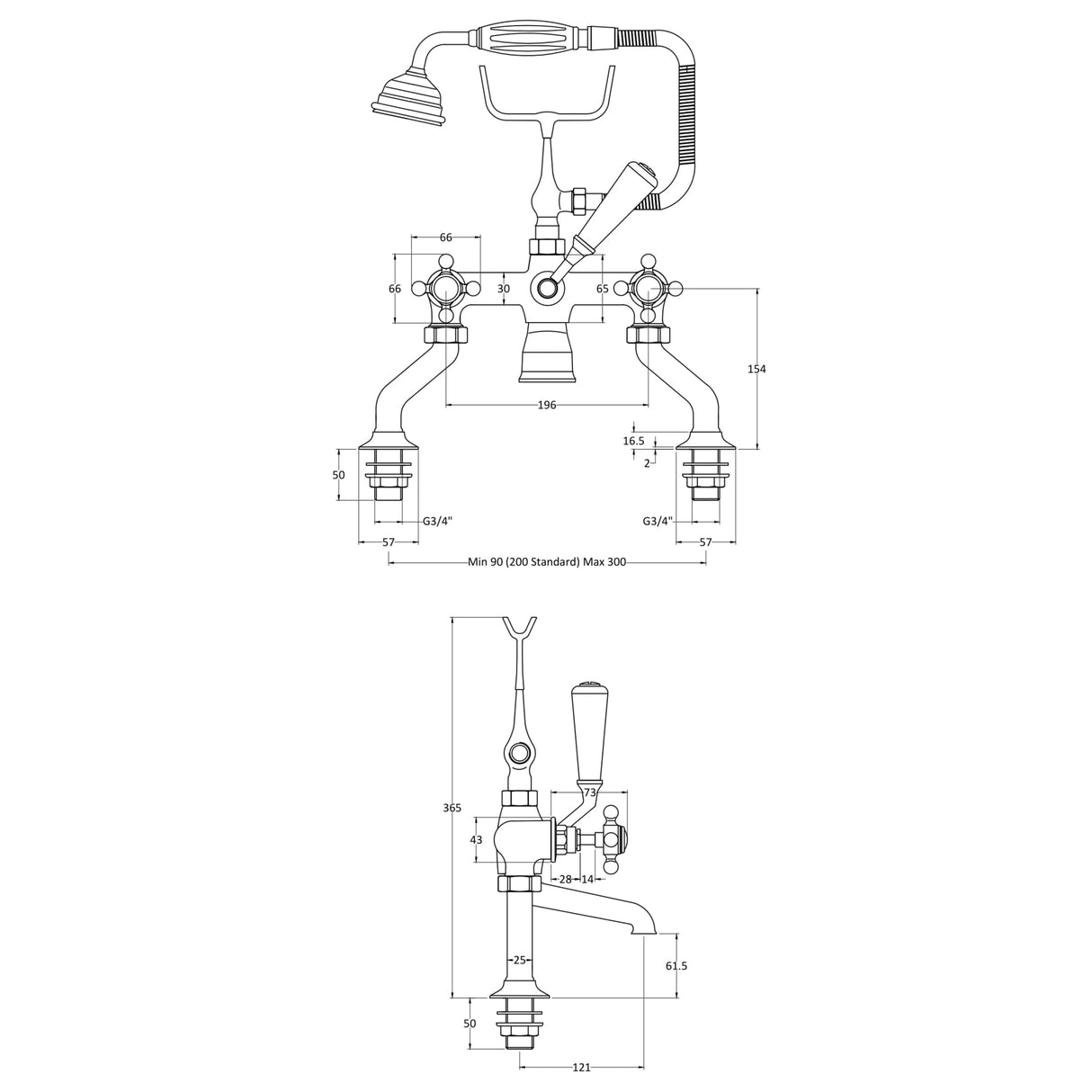 Hudson Reed Topaz Crosshead Bath Shower Mixer Tap With Shower Kit BC404HX LD