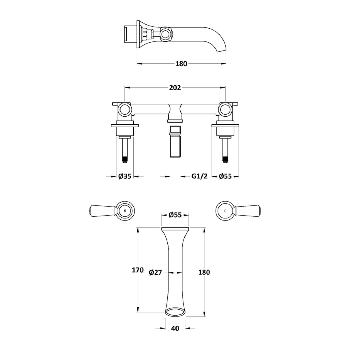 Hudson Reed Topaz Lever 3-Hole Wall Mounted Basin Mixer Tap Chrome BC417HL LD
