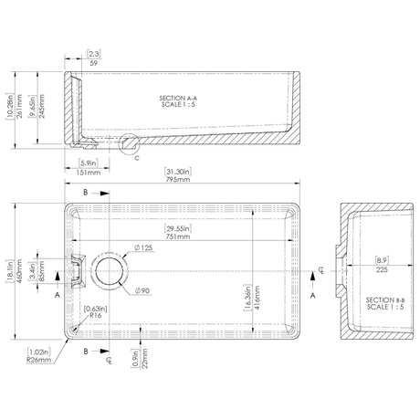 Nuie Belfast Ceramic 1.0 Bowl Kitchen Sink 795 x 460 x 245mm Without Waste -  White BE10032 LD