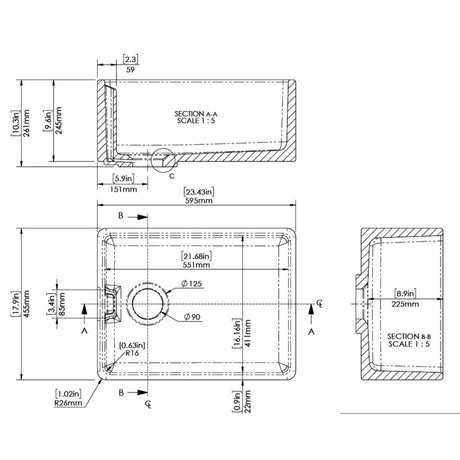 Nuie Belfast Ceramic 1.0 Bowl Kitchen Sink 595 x 455 x 254mm Without Waste - Soft Black BE40024 LD