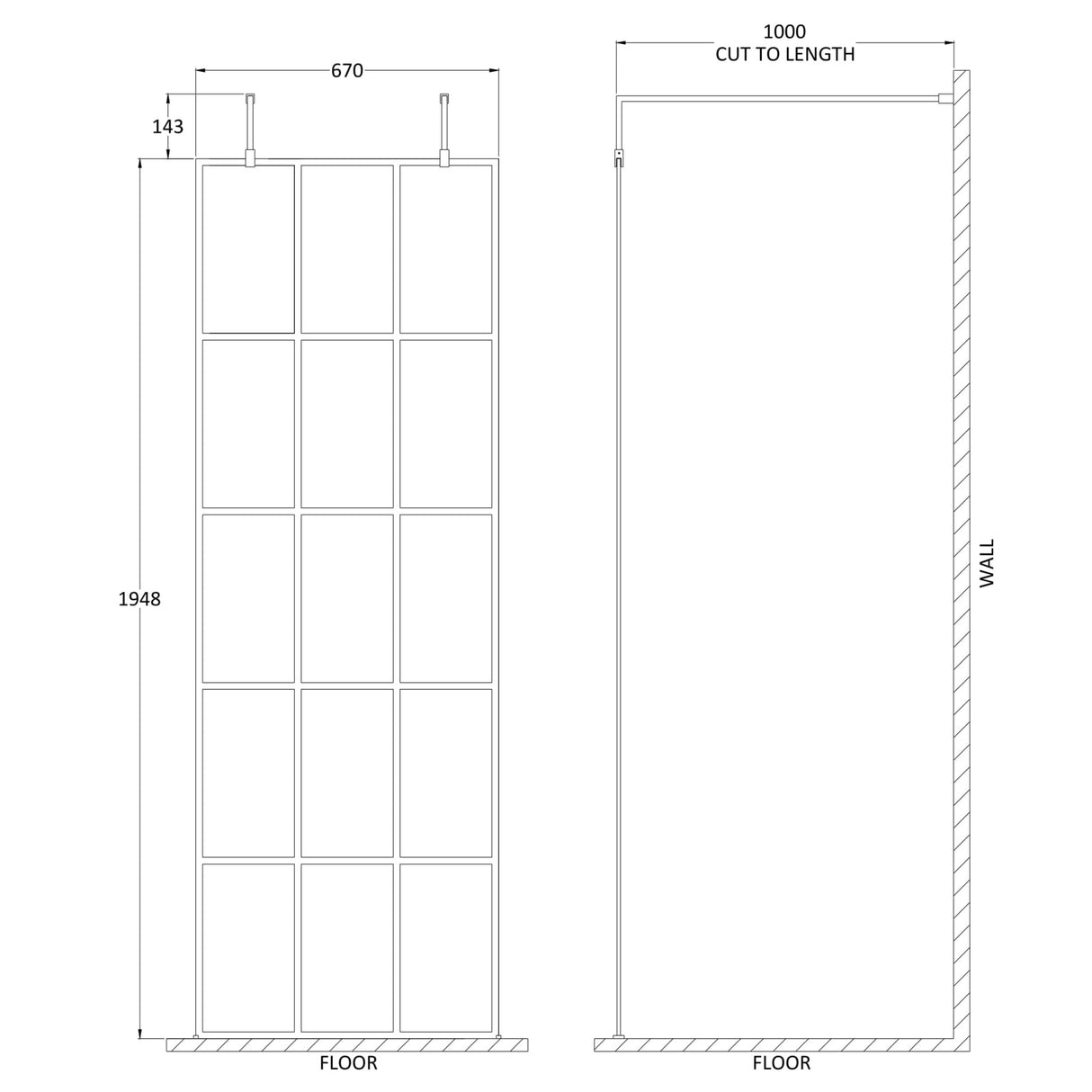 Hudson Reed 8mm Framed Wetroom Screen - Freestanding With Arms - Matt Black BFAF070 LD