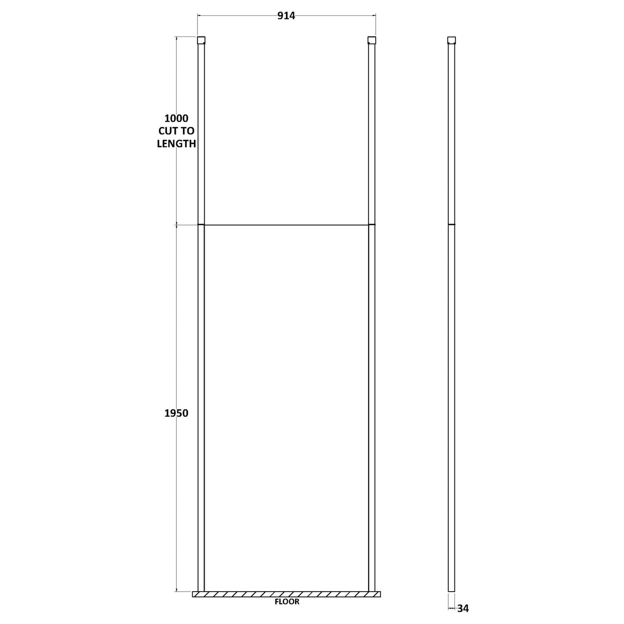 Hudson Reed 8mm Freestanding Wetroom Screen With Ceiling Posts Matt Black BGPCP090 LD