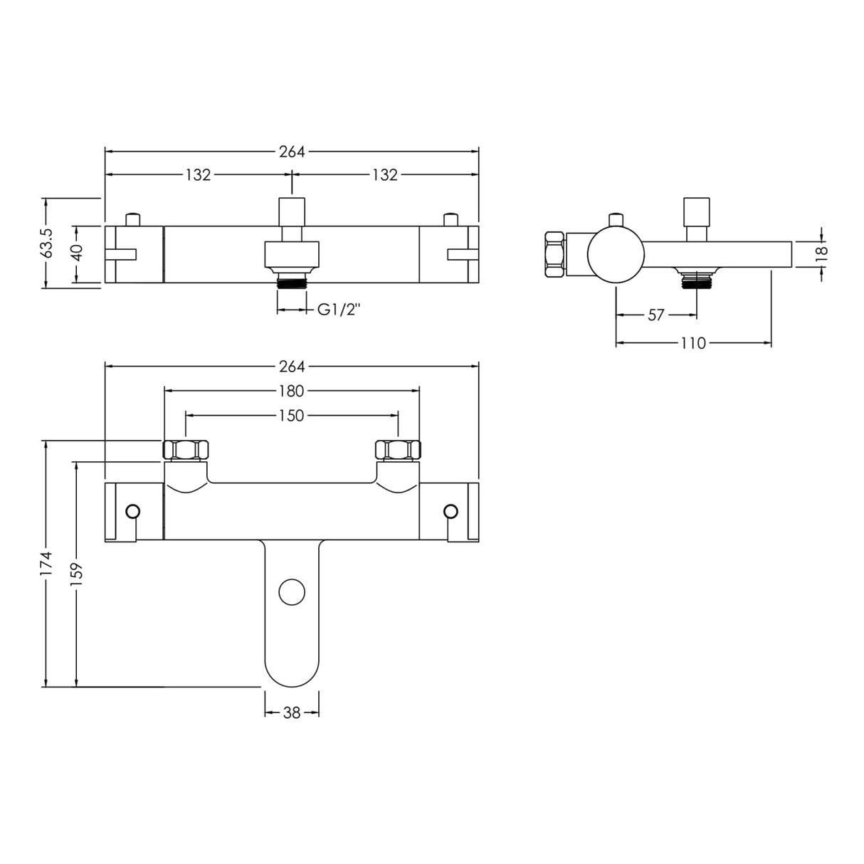 Nuie Binsey Wall Mounted Thermostatic Bath Shower Mixer Tap Chrome BIN005 LD