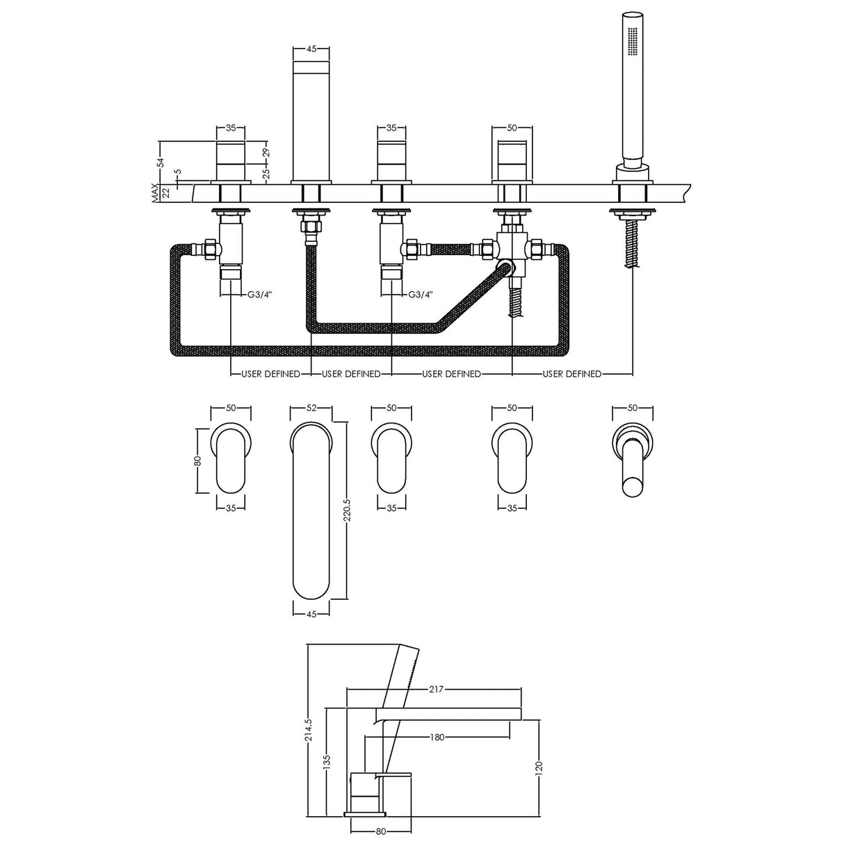 Nuie Binsey 5-Hole Bath Shower Mixer Tap with Shower Kit Chrome BIN314 LD