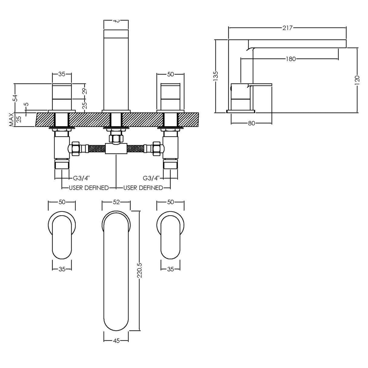 Nuie Binsey 3-Hole Deck Mounted Bath Filler Tap Chrome BIN333 LD