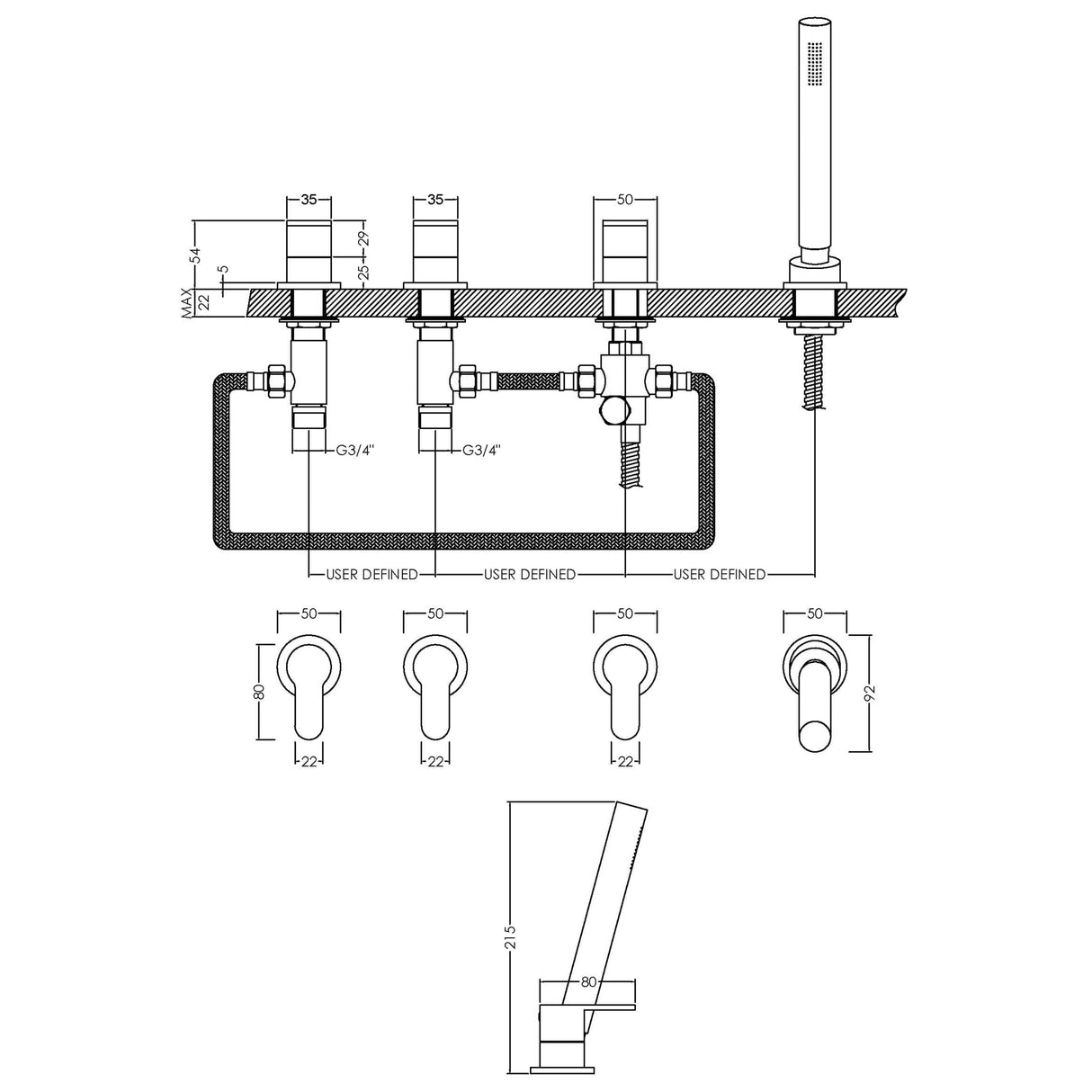 Nuie Binsey 4-Hole Bath Shower Mixer Tap with Shower Kit Chrome BIN334 LD