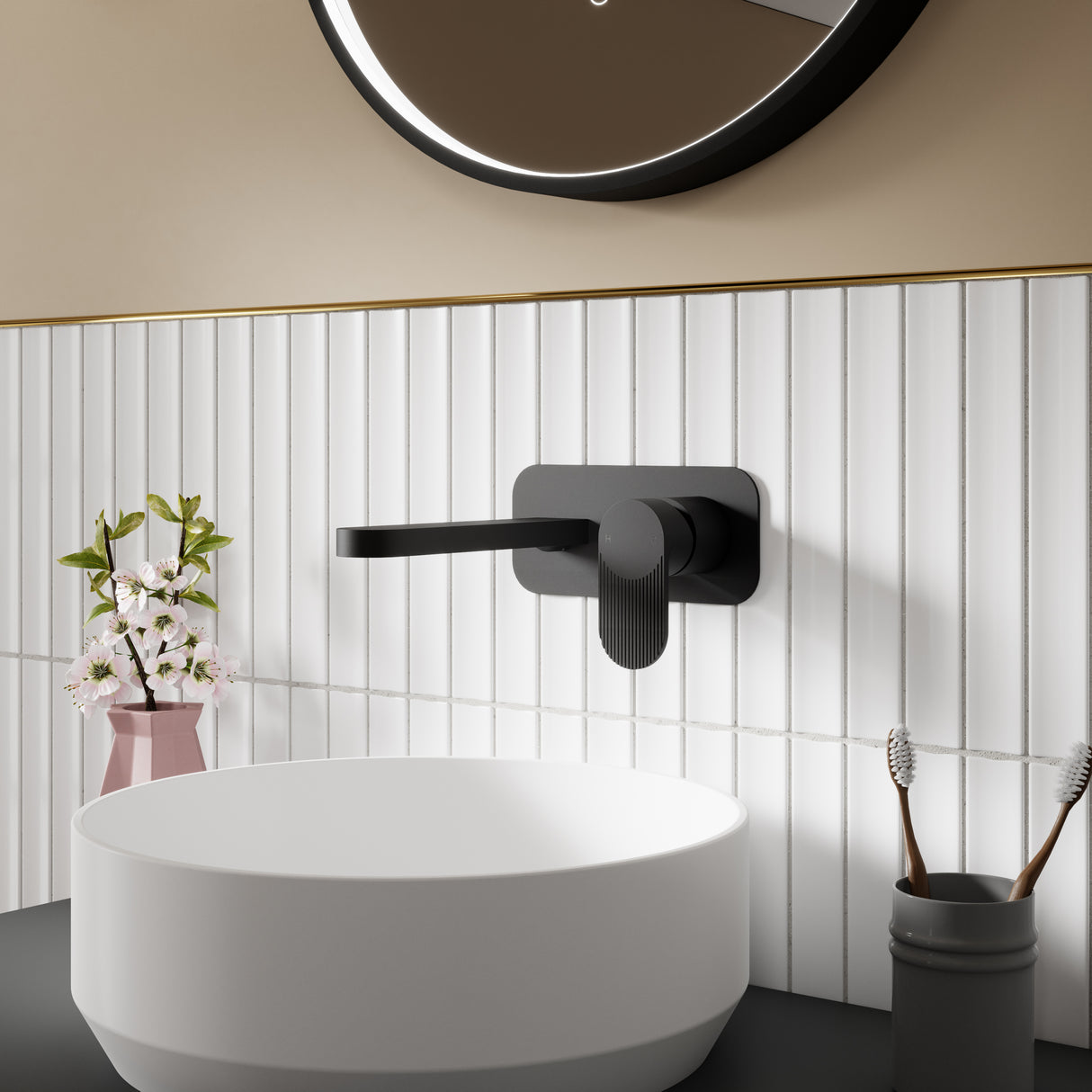 Nuie Cyprus 2-Hole Wall Mounted Basin Mixer Tap with Plate Matt Black BIN428F LS