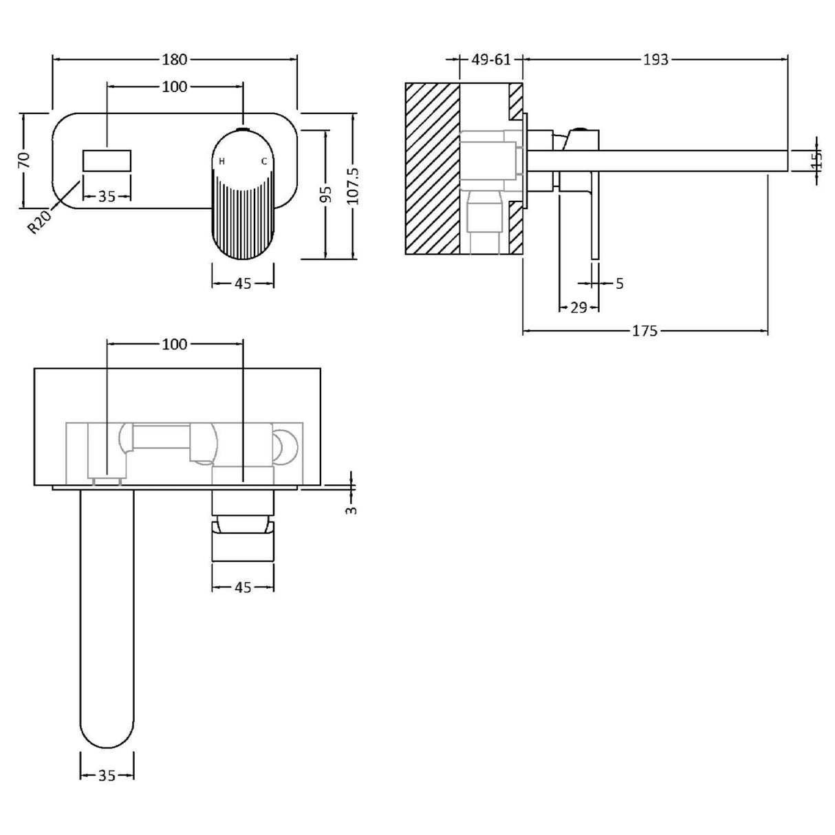 Nuie Cyprus 2-Hole Wall Mounted Basin Mixer Tap with Plate Brushed Pewter BIN728F LD